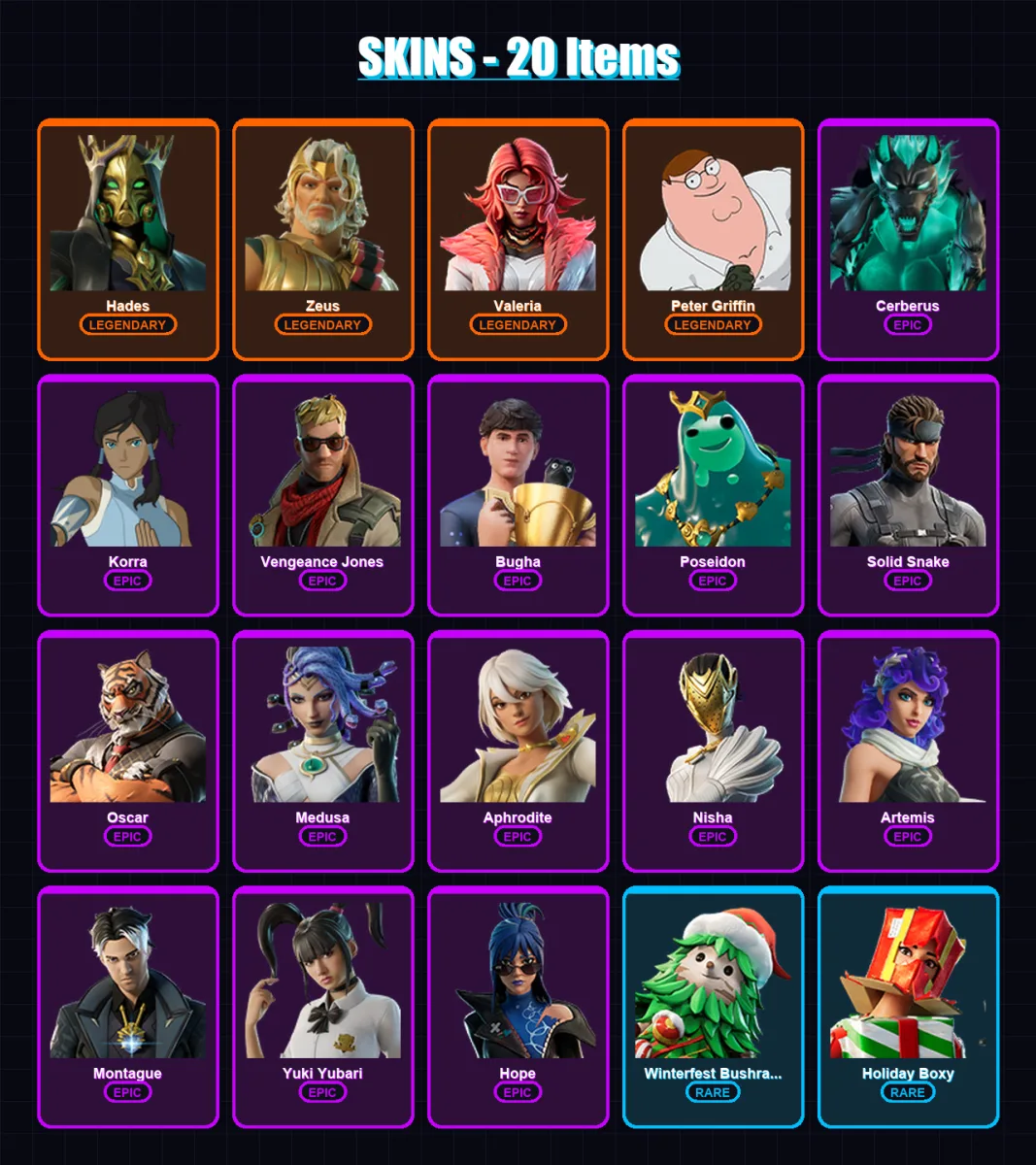 [PC/XBOX/PSN] | Hades | Zeus | Valeria | Peter Griffin | Cerberus | 20 skin | 43 pickaxe | 28 emote | 34 glider | Lv424