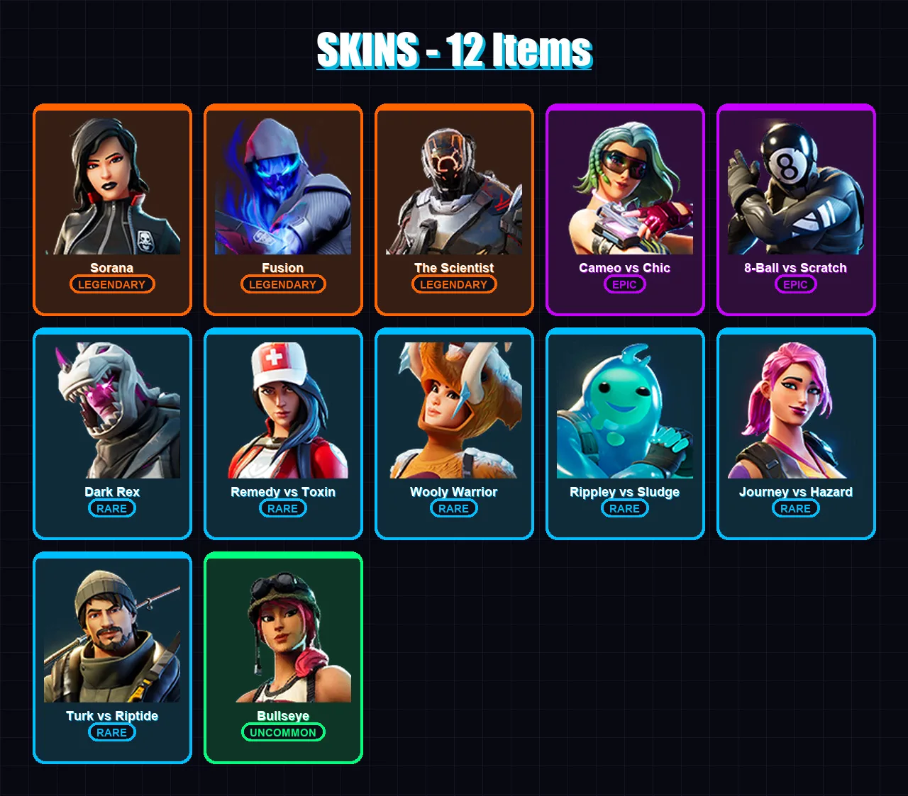 [PC/XBOX/PSN] | Sorana | Fusion | The Scientist | Cameo vs Chic | 8-Ball vs Scratch | 12 skin | 12 pickaxe | 22 emote | 14 glider | Lv307