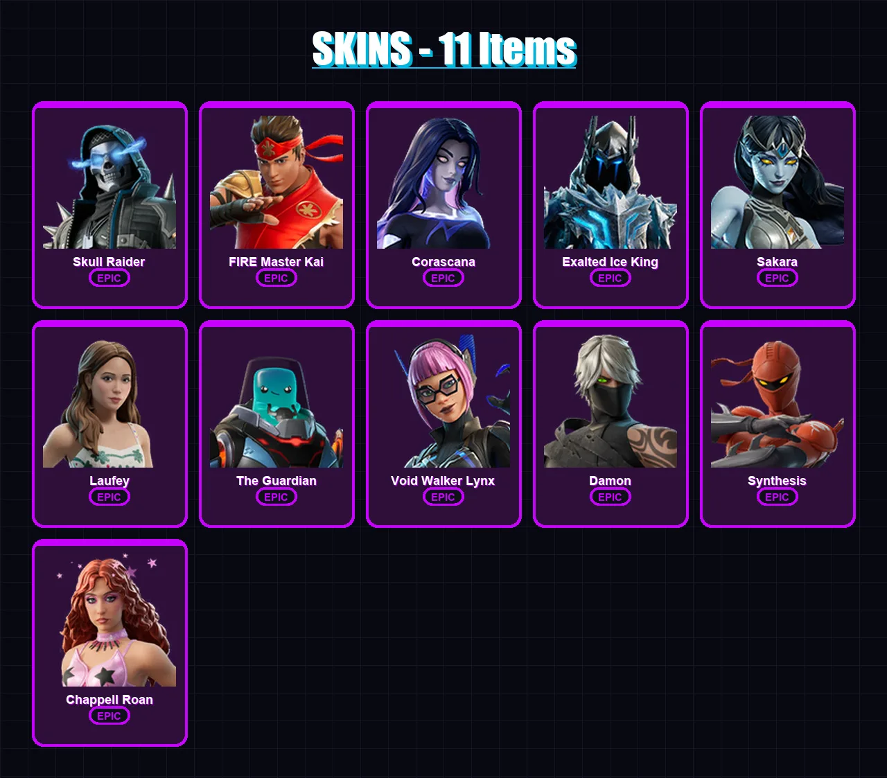 [PC/PSN] | Skull Raider | FIRE Master Kai | Corascana | Exalted Ice King | Sakara | 11 skin | 6 pickaxe | 2 emote | 2 glider | Lv35 — Fortnite account