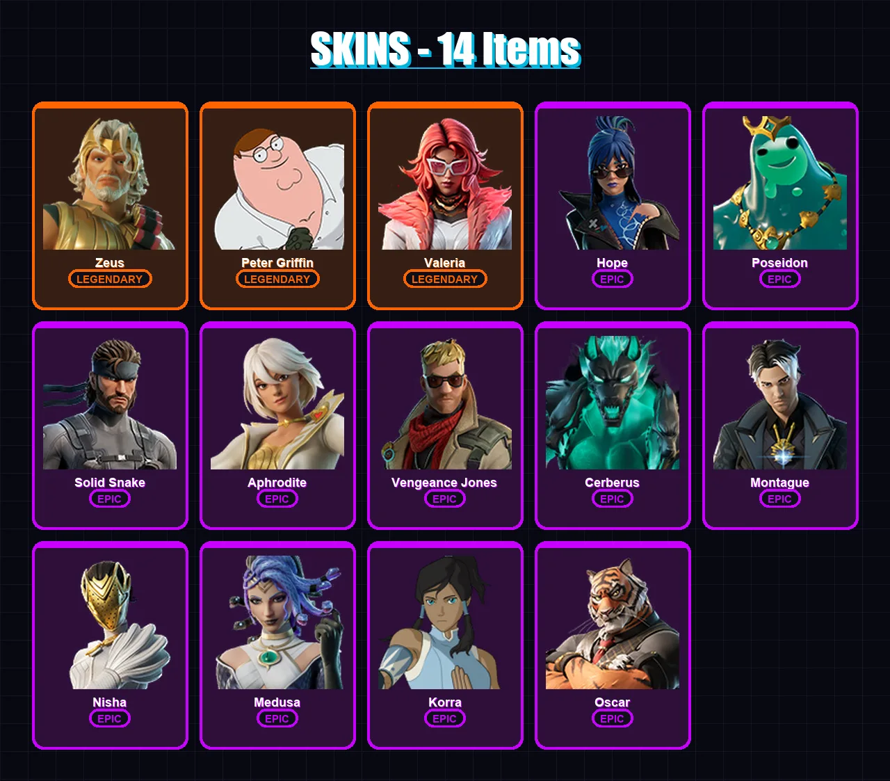 [PC] | Zeus | Peter Griffin | Valeria | Hope | Poseidon | 14 skin | 18 pickaxe | 12 emote | 17 glider | Lv180