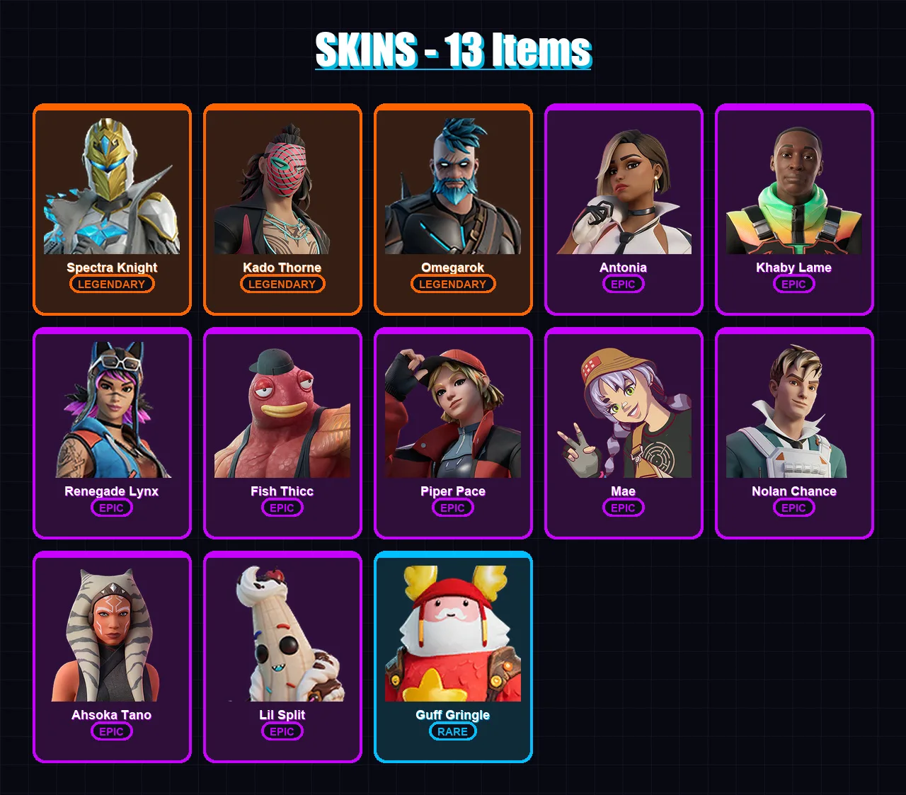 [PC/XBOX/PSN] | Spectra Knight | Kado Thorne | Omegarok | Antonia | Khaby Lame | 13 skin | 17 pickaxe | 16 emote | 17 glider | Lv194