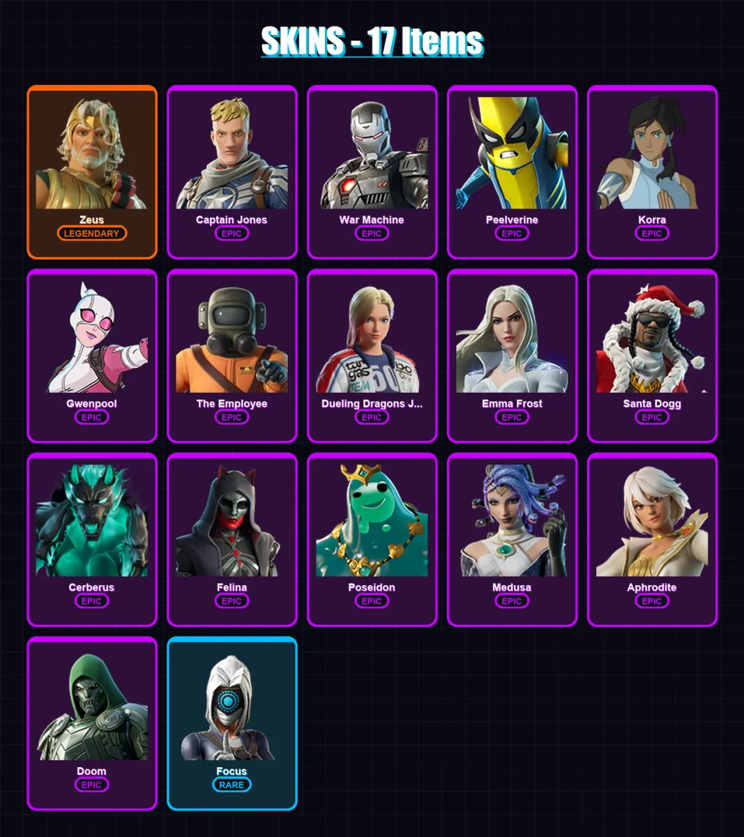 [PC/XBOX/PSN] | Zeus | Captain Jones | War Machine | Peelverine | Korra | 17 skin | 45 pickaxe | 28 emote | 32 glider | Lv375