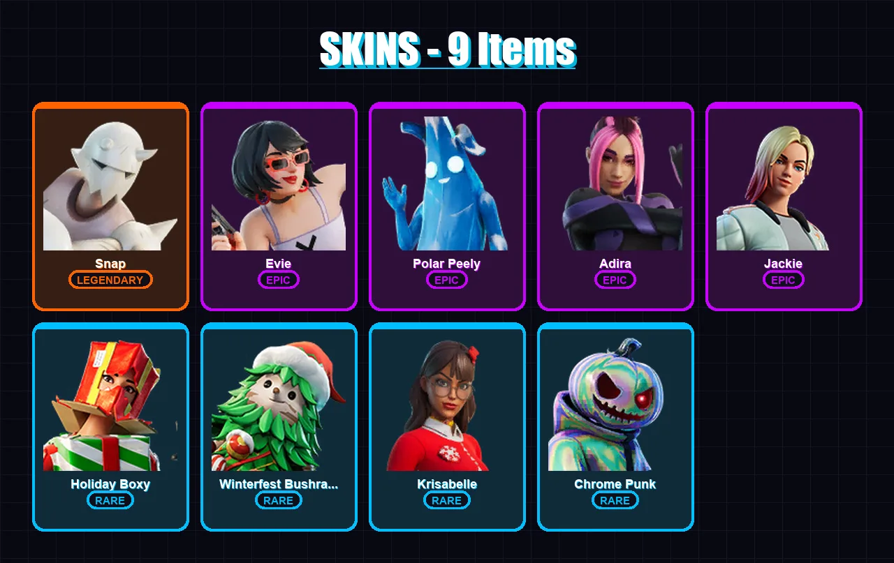[PC/XBOX/PSN] | Snap | Evie | Polar Peely | Adira | Jackie | 9 skin | 24 pickaxe | 14 emote | 27 glider | Lv389