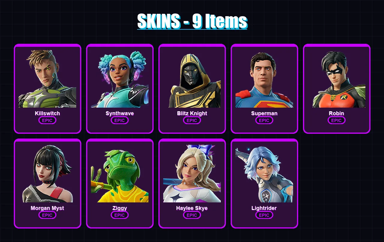 [PC/XBOX/PSN] | Killswitch | Synthwave | Blitz Knight | Superman | Robin | 9 skin | 52 pickaxe | 23 emote | 37 glider | Lv630