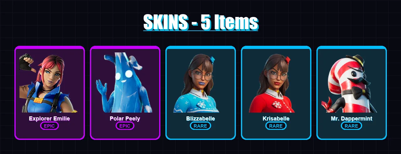 [PC/XBOX/PSN] | Explorer Emilie | Polar Peely | Blizzabelle | Krisabelle | Mr. Dappermint | 5 skin | 8 pickaxe | 7 emote | 5 glider | Lv72