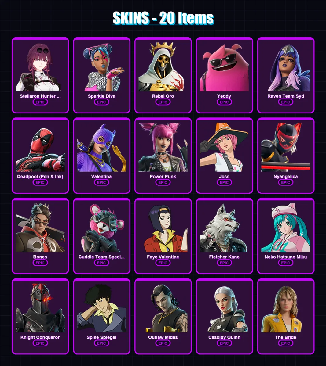 [PC/XBOX] | Stellaron Hunter Kafka | Sparkle Diva | Rebel Oro | Yeddy | Raven Team Syd | 20 skin | 30 pickaxe | 21 emote | 16 glider | Lv97
