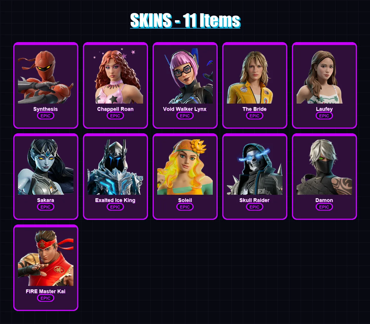 [PC/XBOX/PSN] | Synthesis | Chappell Roan | Void Walker Lynx | The Bride | Laufey | 11 skin | 5 pickaxe | 3 emote | 1 glider | Lv16