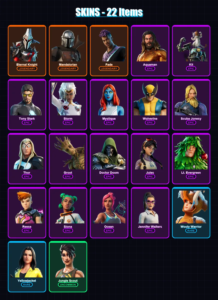 [PC/XBOX/PSN] | Eternal Knight | Mandalorian | Fade | Aquaman | Kit | 22 skin | 26 pickaxe | 18 emote | 26 glider | Lv396