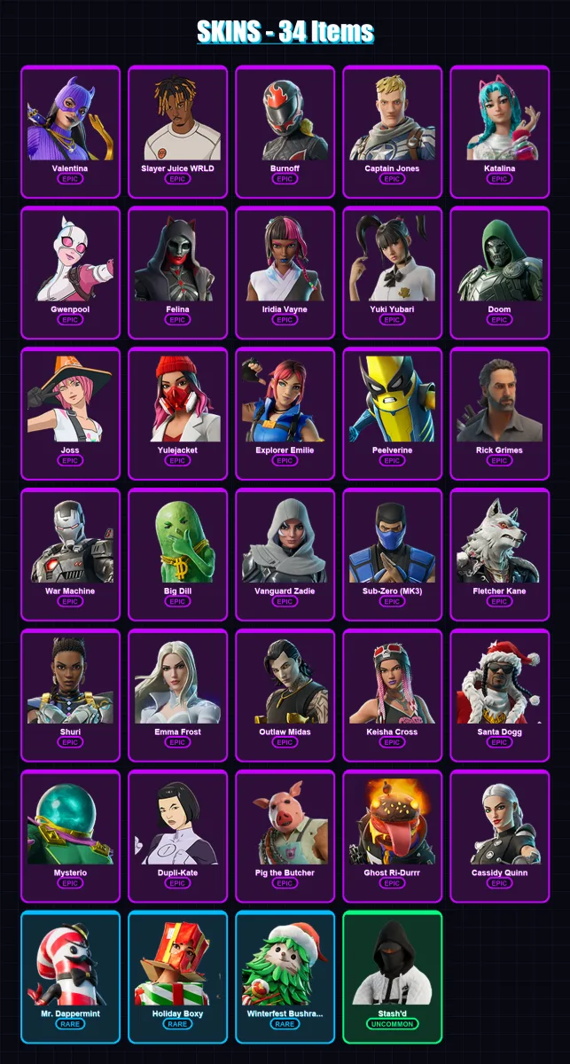 [PS4/PS5/XBOX/PC] | Valentina | Slayer Juice WRLD | Burnoff | Captain Jones | Katalina | 34 skin | 84 pickaxe | 57 emote | 55 glider | Lv848