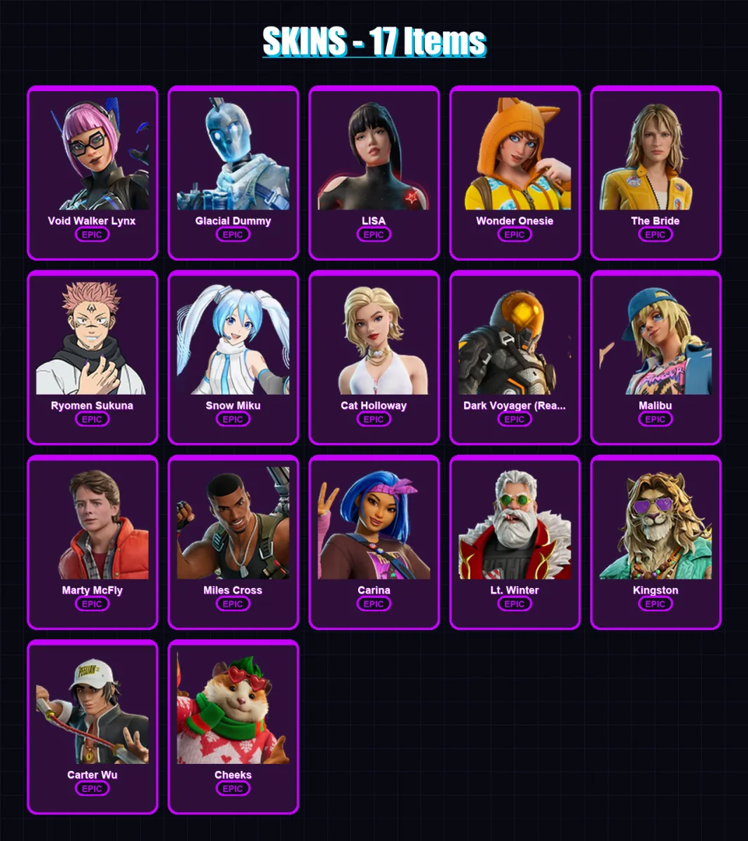 [PC/XBOX] | Void Walker Lynx | Glacial Dummy | LISA | Wonder Onesie | The Bride | 17 skin | 24 pickaxe | 19 emote | 17 glider | Lv285