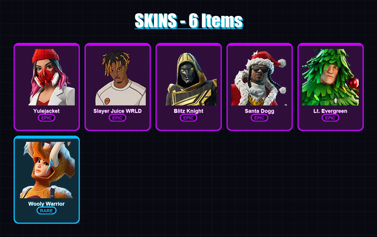 [PC/XBOX/PSN] | Yulejacket | Slayer Juice WRLD | Blitz Knight | Santa Dogg | Lt. Evergreen | 6 skin | 35 pickaxe | 14 emote | 24 glider | Lv300
