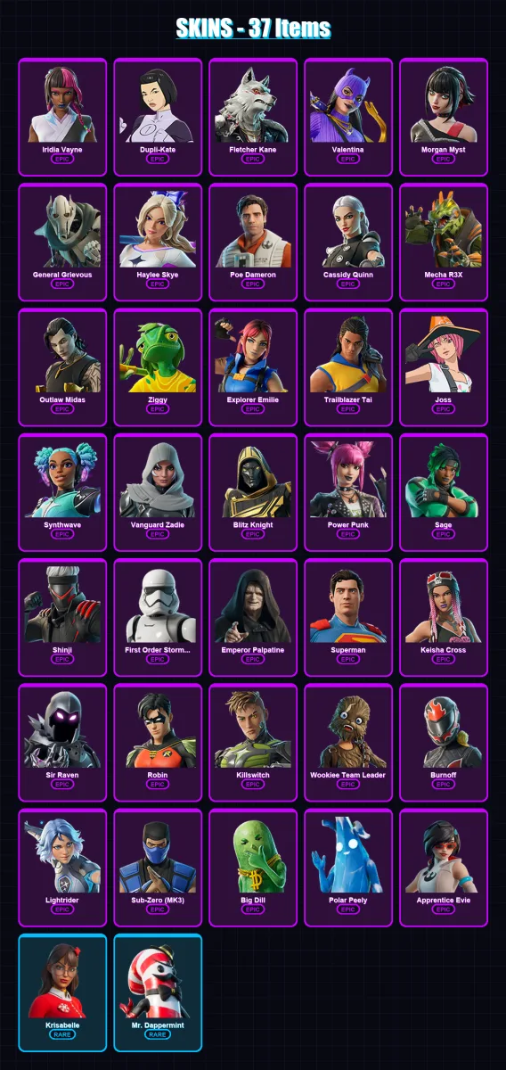 [PS4/PS5/PC] | Iridia Vayne | Dupli-Kate | Fletcher Kane | Valentina | Morgan Myst | 37 skin | 64 pickaxe | 36 emote | 47 glider | Lv561 — Fortnite account