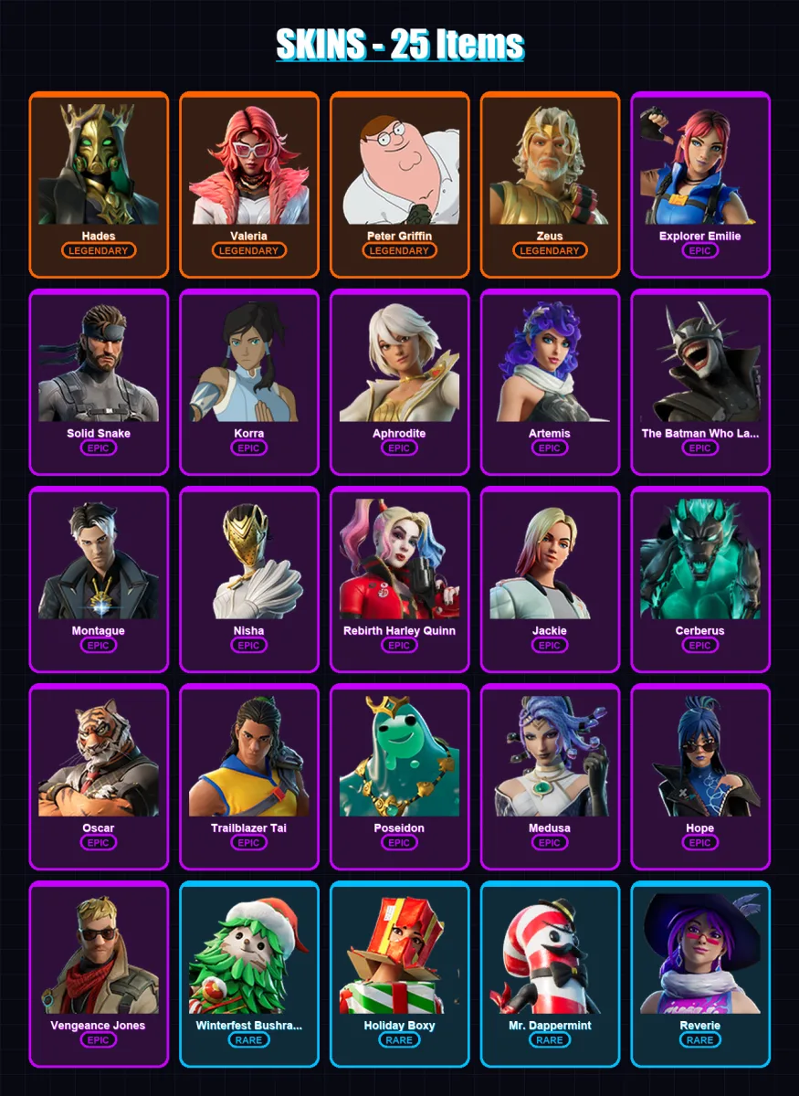 [PC/XBOX] | Hades | Valeria | Peter Griffin | Zeus | Explorer Emilie | 25 skin | 30 pickaxe | 26 emote | 25 glider | Lv395 — Fortnite account