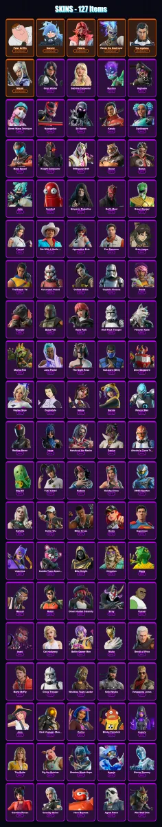 [PC/XBOX/PSN] | Peter Griffin | Nezumi | Valeria | Renzo the Destroyer | The Ageless | 127 skin | 162 pickaxe | 125 emote | 100 glider | Lv1208 — Fortnite account