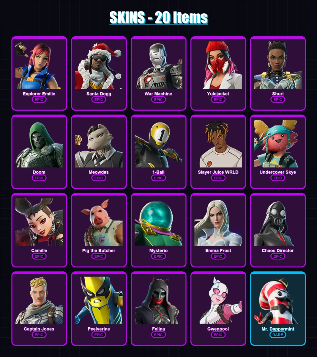 [PC/XBOX/PSN] | Explorer Emilie | Santa Dogg | War Machine | Yulejacket | Shuri | 20 skin | 62 pickaxe | 29 emote | 43 glider | Lv430