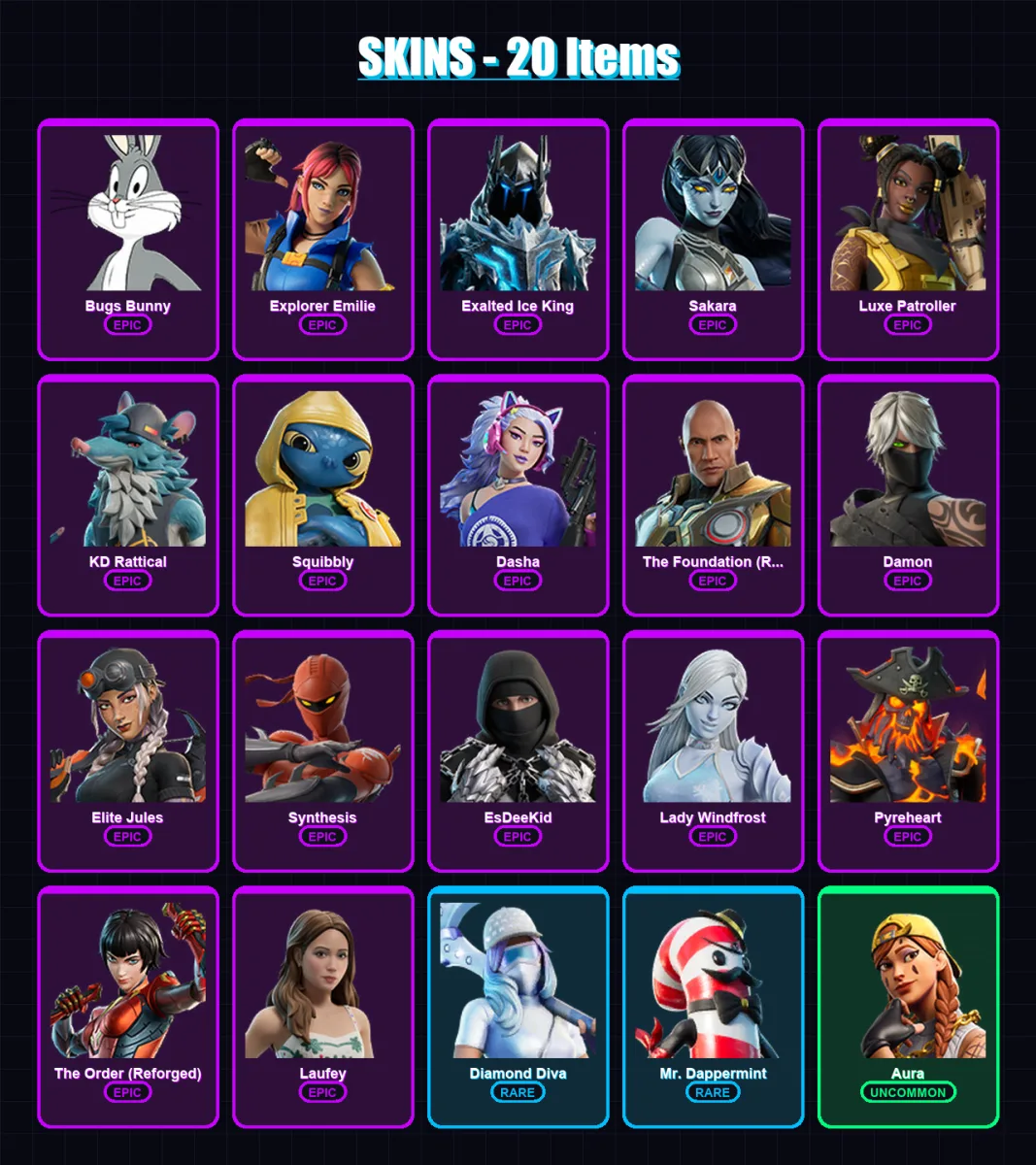 [PC/XBOX/PSN] | Bugs Bunny | Explorer Emilie | Exalted Ice King | Sakara | Luxe Patroller | 20 skin | 35 pickaxe | 20 emote | 28 glider | Lv304