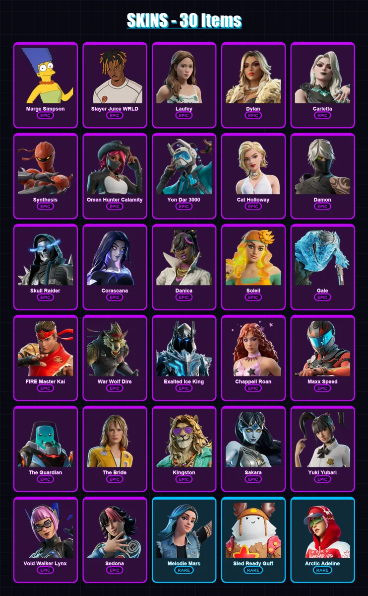 [PC/PSN] | Marge Simpson | Slayer Juice WRLD | Laufey | Dylan | Carletta | 30 skin | 45 pickaxe | 19 emote | 23 glider | Lv226