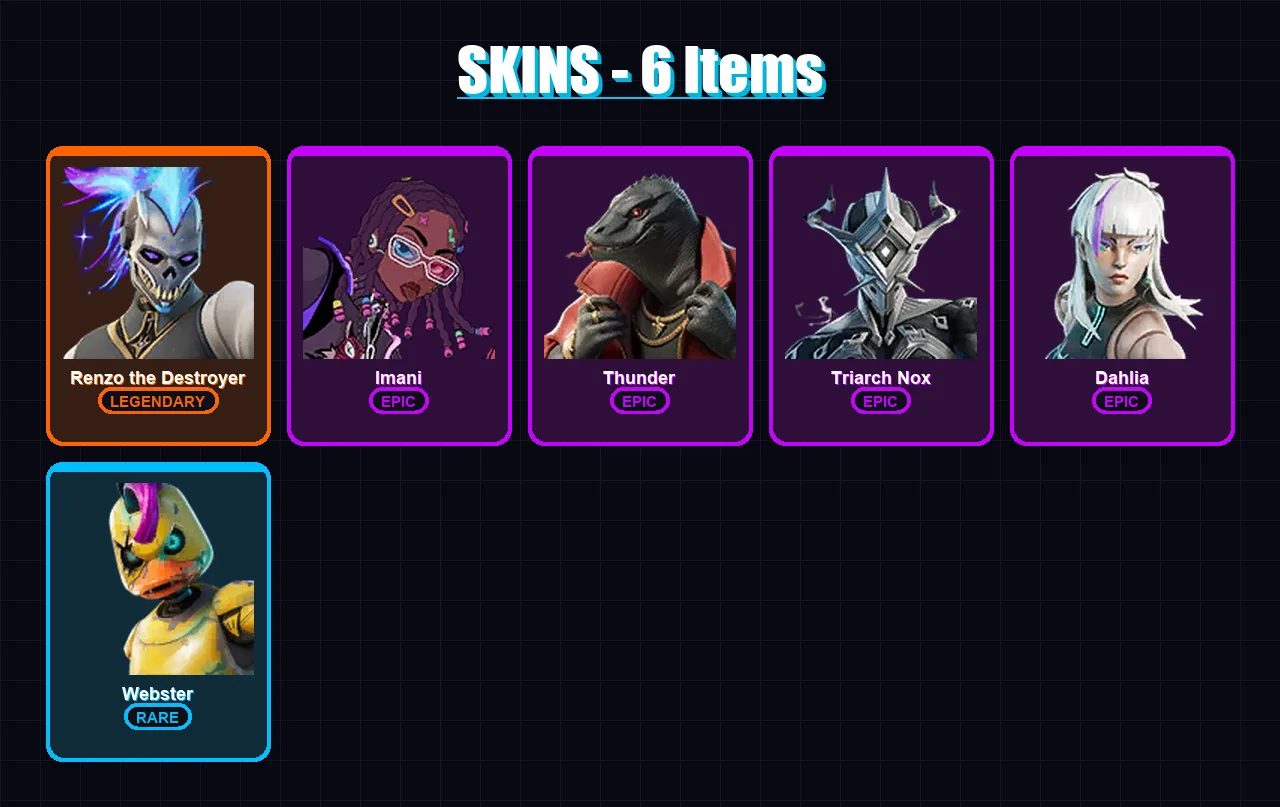 [PC/XBOX/PSN] | Renzo the Destroyer | Imani | Thunder | Triarch Nox | Dahlia | 6 skin | 9 pickaxe | 5 emote | 7 glider | Lv89