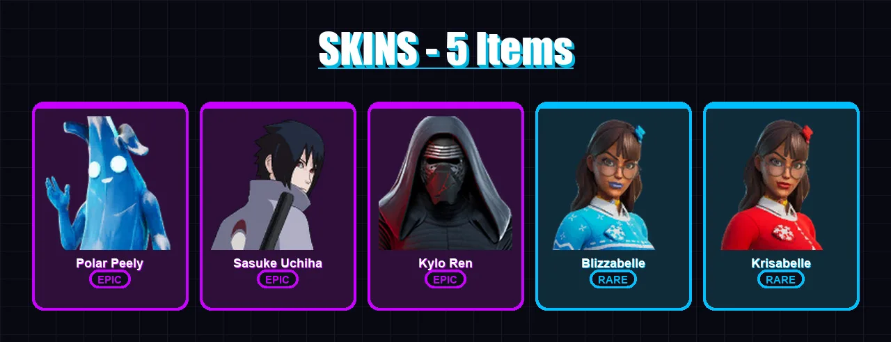 [PC/XBOX/PSN] | Polar Peely | Sasuke Uchiha | Kylo Ren | Blizzabelle | Krisabelle | 5 skin | 11 pickaxe | 14 emote | 10 glider | Lv136