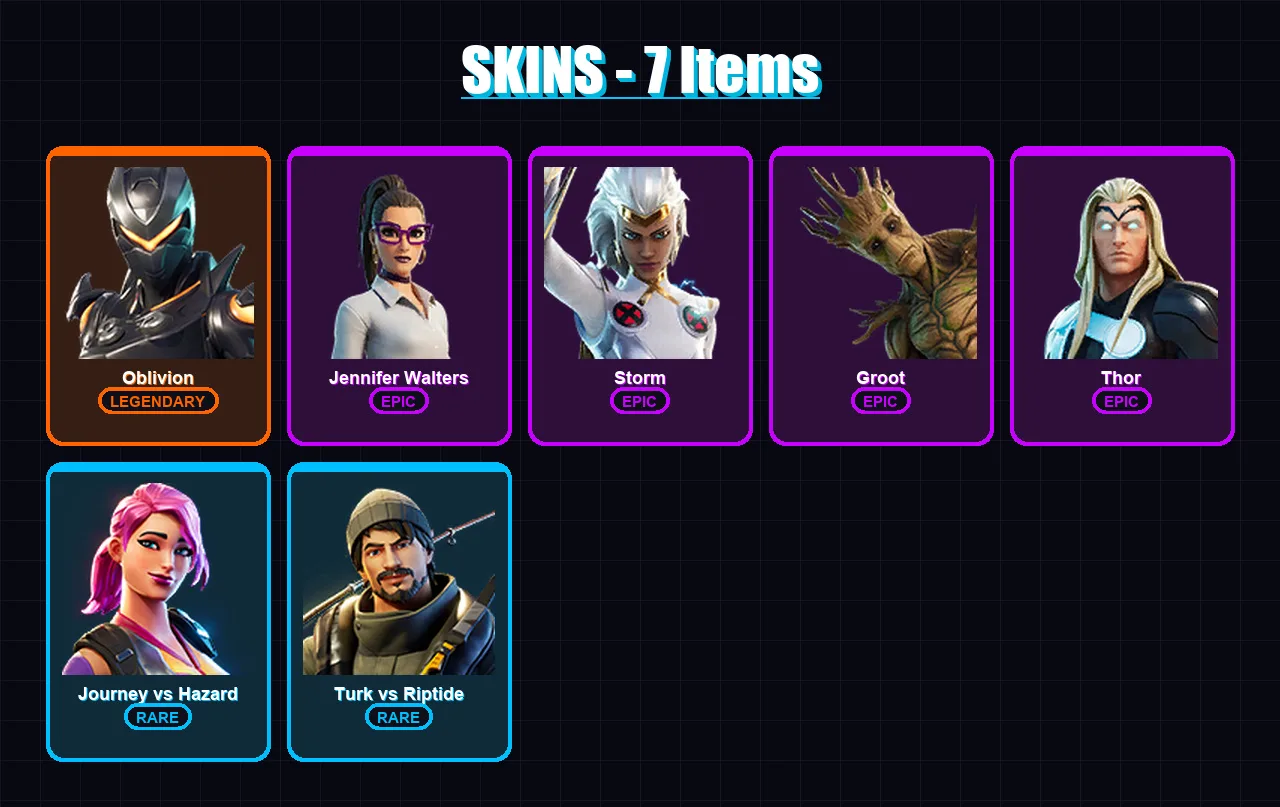[PC/XBOX/PSN] | Oblivion | Jennifer Walters | Storm | Groot | Thor | 7 skin | 6 pickaxe | 5 emote | 8 glider | Lv85