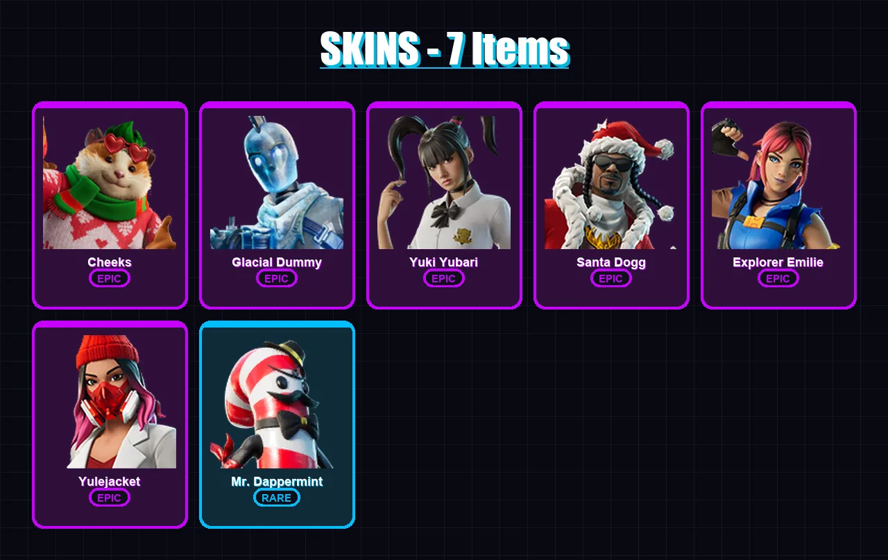 [PS4/PS5/XBOX/PC] | Cheeks | Glacial Dummy | Yuki Yubari | Santa Dogg | Explorer Emilie | 7 skin | 25 pickaxe | 9 emote | 24 glider | Lv244