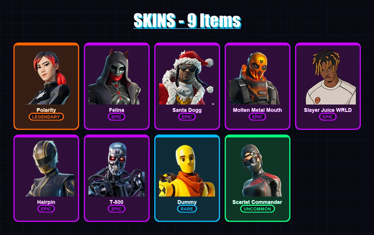 [PS4/PS5/XBOX/PC] | Polarity | Felina | Santa Dogg | Molten Metal Mouth | Slayer Juice WRLD | 9 skin | 44 pickaxe | 17 emote | 33 glider | Lv416