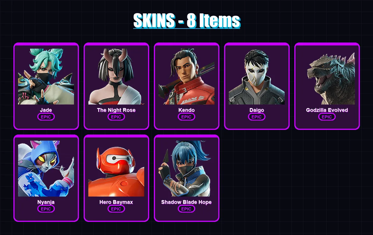 [PC/XBOX/PSN] | Jade | The Night Rose | Kendo | Daigo | Godzilla Evolved | 8 skin | 18 pickaxe | 16 emote | 20 glider | Lv143