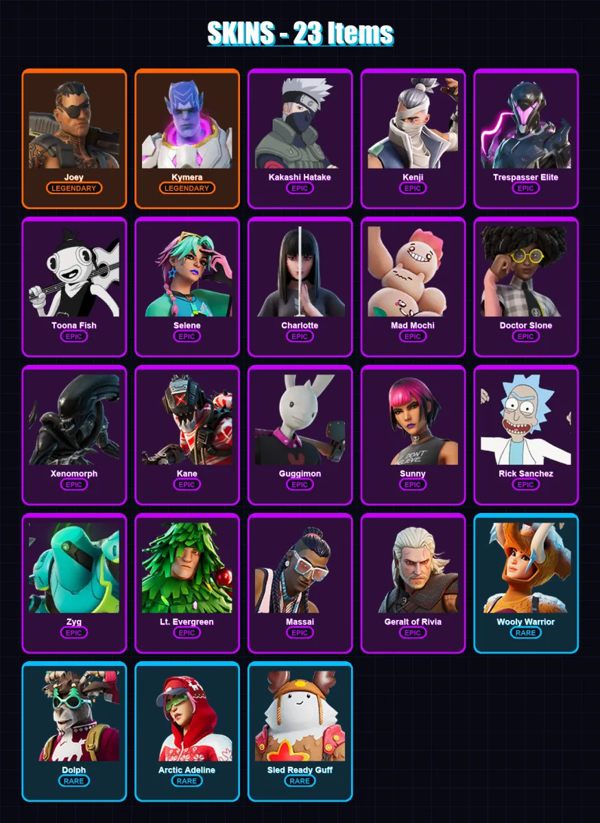 [PC/PSN] | Joey | Kymera | Kakashi Hatake | Kenji | Trespasser Elite | 23 skin | 43 pickaxe | 40 emote | 42 glider | Lv483 — Fortnite account