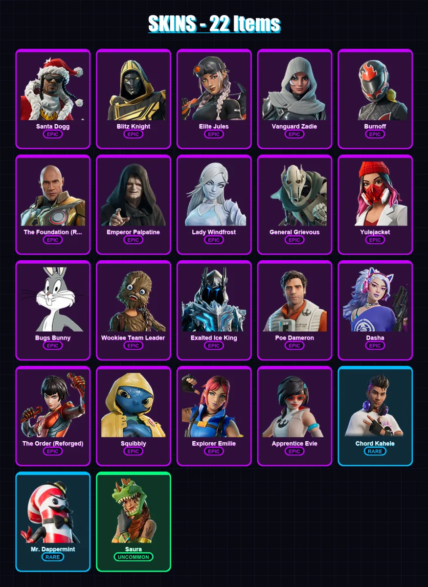 [PC/XBOX/PSN] | Santa Dogg | Blitz Knight | Elite Jules | Vanguard Zadie | Burnoff | 22 skin | 80 pickaxe | 36 emote | 59 glider | Lv1119