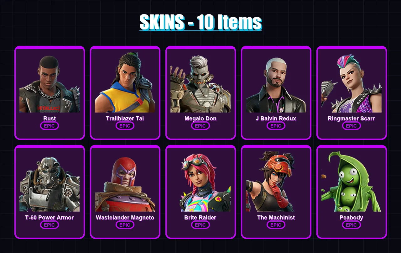 [PC/XBOX/PSN] | Rust | Trailblazer Tai | Megalo Don | J Balvin Redux | Ringmaster Scarr | 10 skin | 11 pickaxe | 12 emote | 12 glider | Lv174