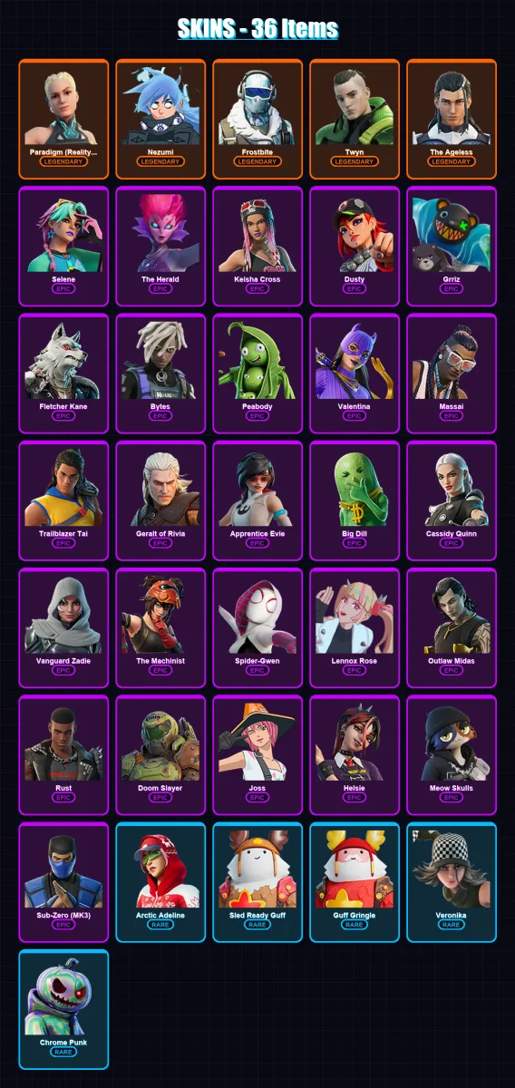 [PC/XBOX/PSN] | Paradigm (Reality-659) | Nezumi | Frostbite | Twyn | The Ageless | 36 skin | 49 pickaxe | 40 emote | 45 glider | Lv694