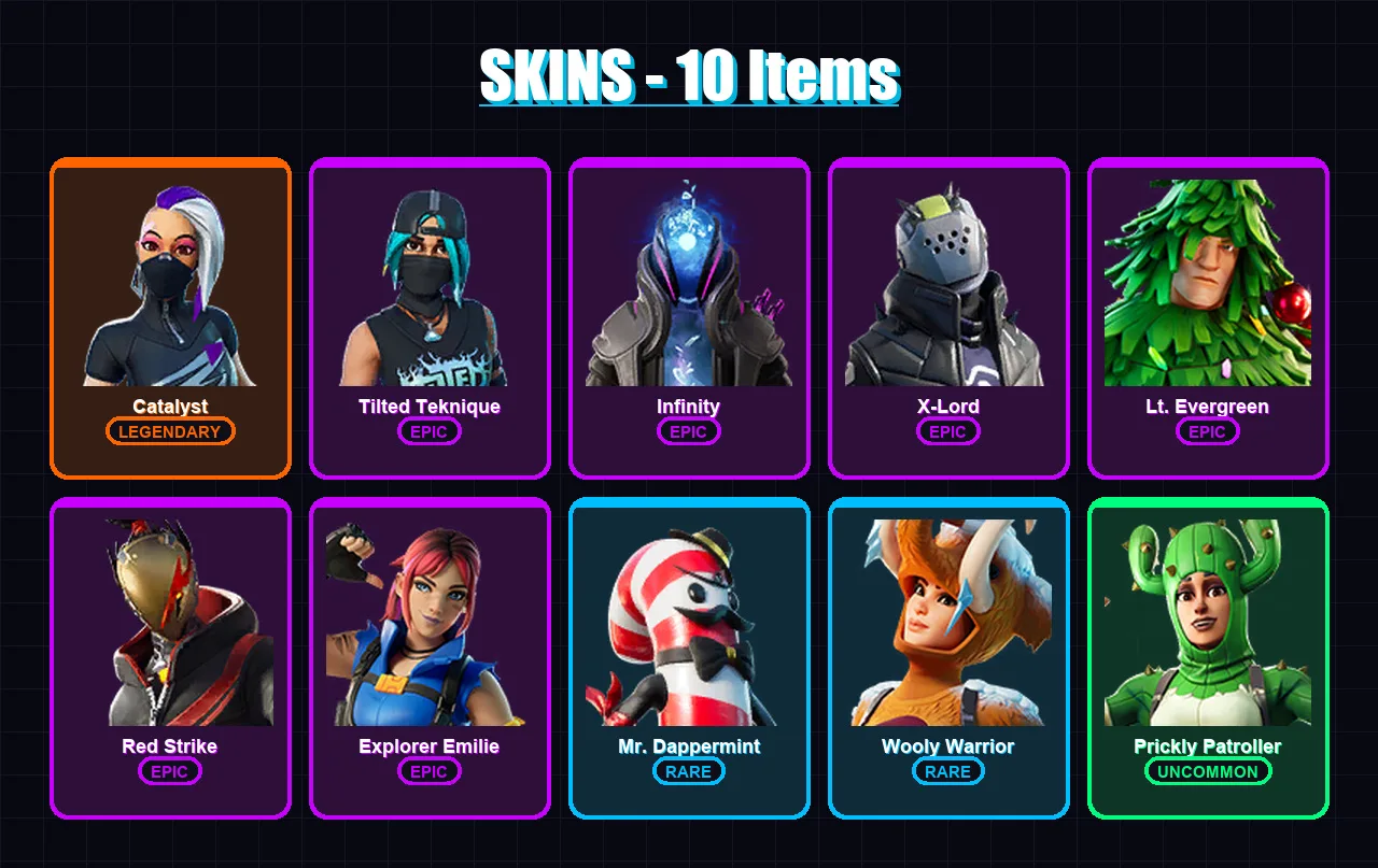 [PC/XBOX/PSN] | Catalyst | Tilted Teknique | Infinity | X-Lord | Lt. Evergreen | 10 skin | 13 pickaxe | 20 emote | 23 glider | Lv333