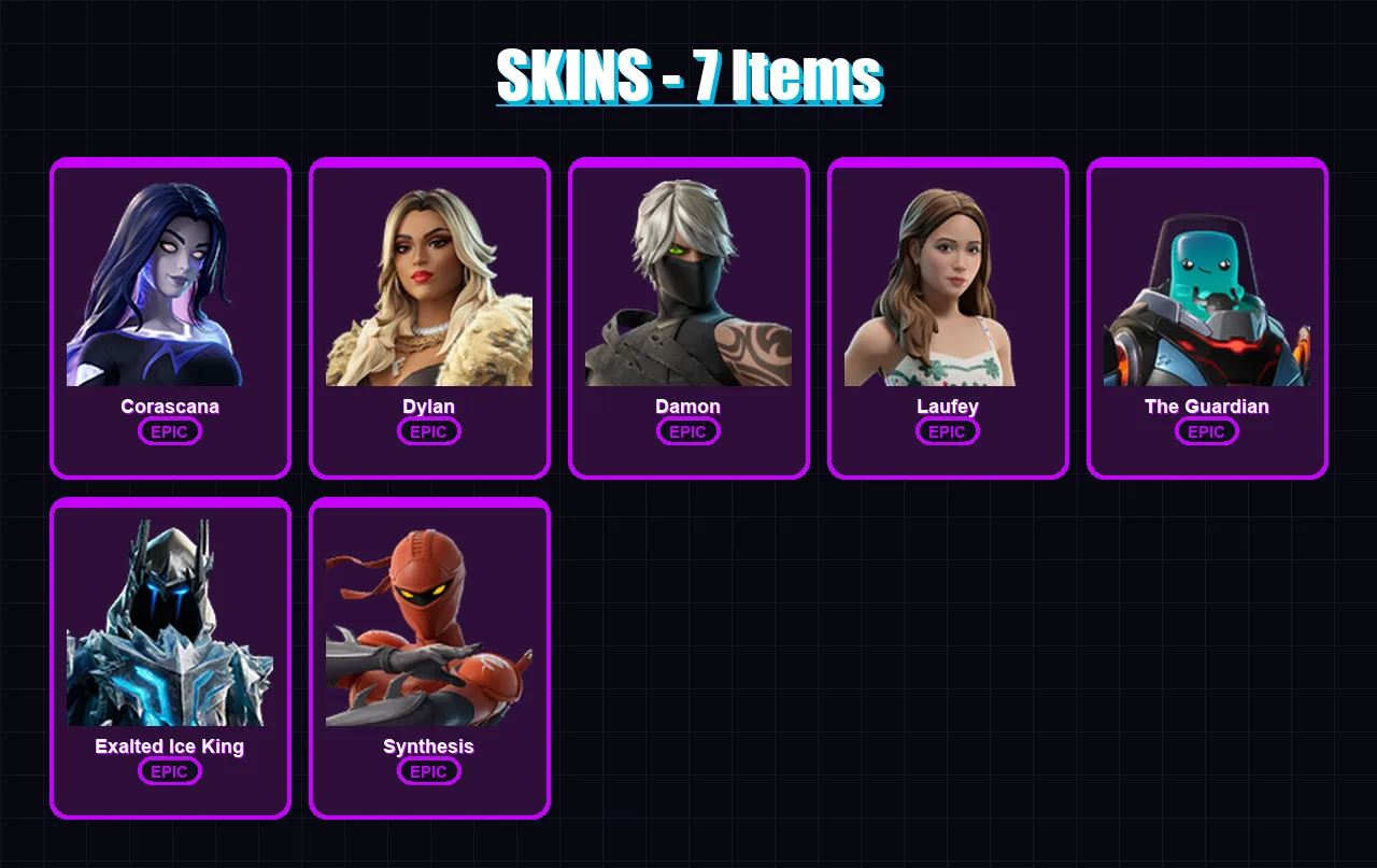 [PC/XBOX/PSN] | Corascana | Dylan | Damon | Laufey | The Guardian | 7 skin | 5 pickaxe | 2 emote | 5 glider | Lv4