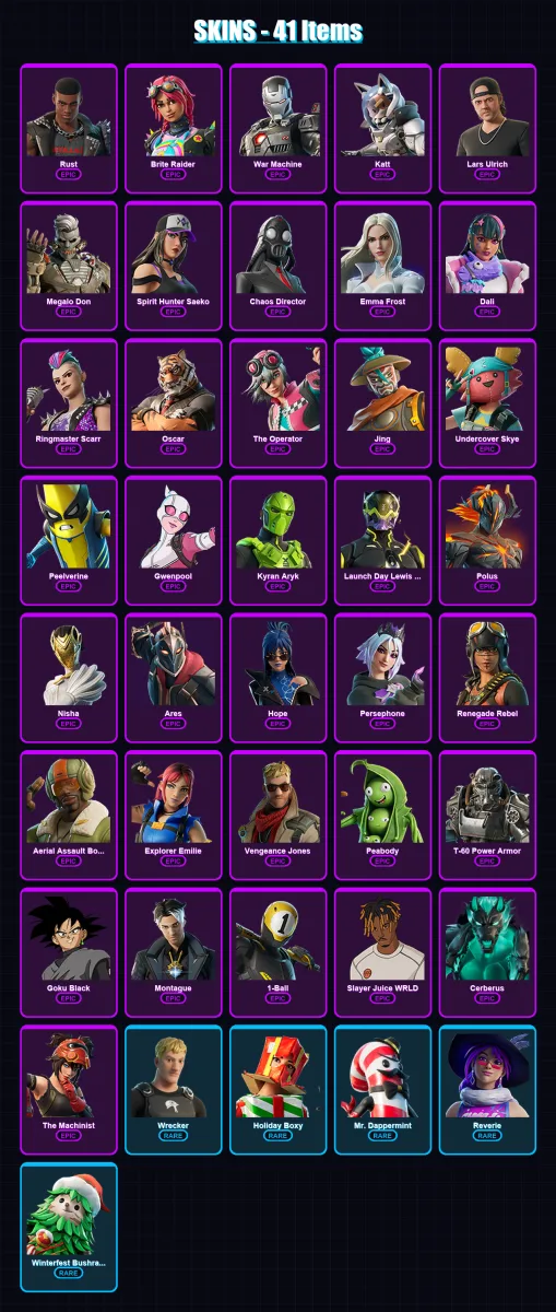 [PC/XBOX/PSN] | Rust | Brite Raider | War Machine | Katt | Lars Ulrich | 41 skin | 48 pickaxe | 21 emote | 31 glider | Lv324