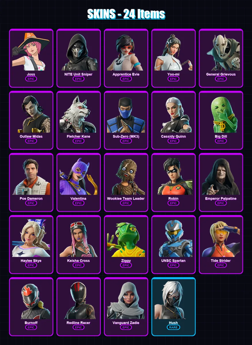 [PC/XBOX/PSN] | Joss | NITE Unit Sniper | Apprentice Evie | Yoo-mi | General Grievous | 24 skin | 45 pickaxe | 26 emote | 36 glider | Lv299