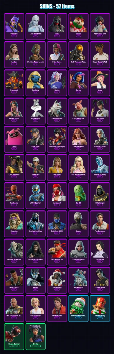 [PS4/PS5/XBOX/PC] | Valentina | Lady Windfrost | Felina | Cheeks | Apprentice Evie | 57 skin | 129 pickaxe | 70 emote | 75 glider | Lv2665