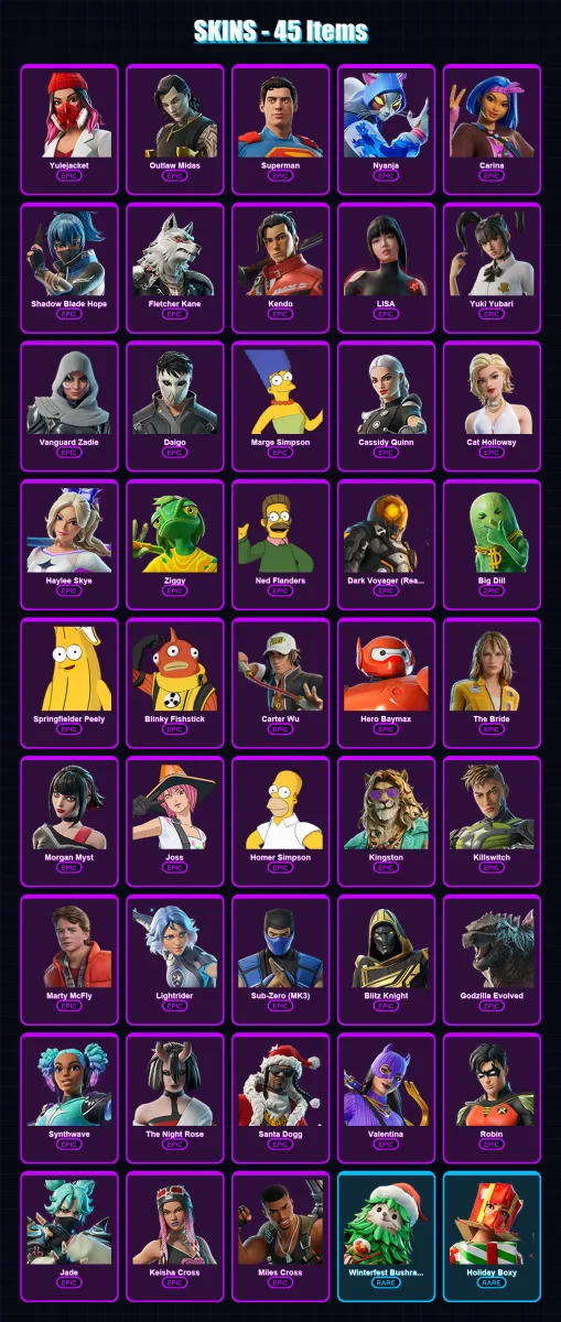 [PC/PSN] | Yulejacket | Outlaw Midas | Superman | Nyanja | Carina | 45 skin | 83 pickaxe | 51 emote | 63 glider | Lv1287 — Fortnite account