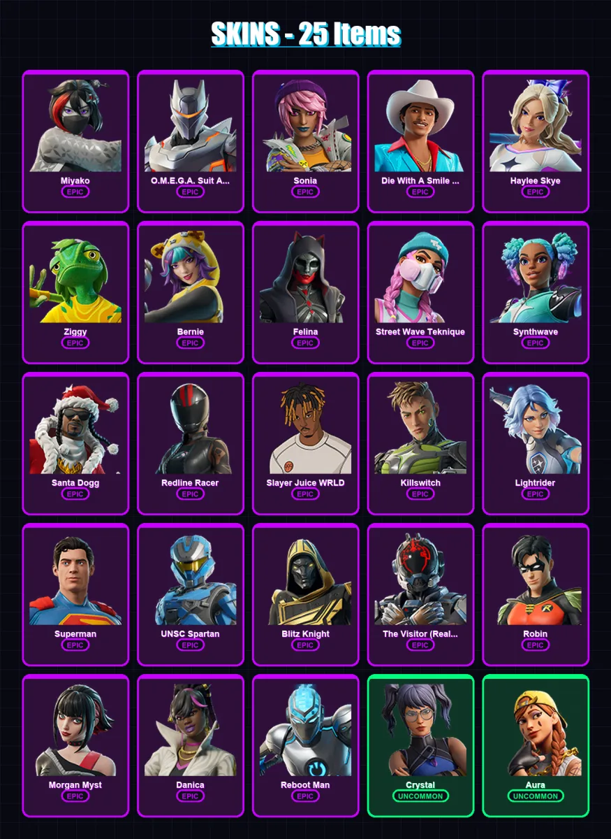 [PC/XBOX/PSN] | Miyako | O.M.E.G.A. Suit Alpha | Sonia | Die With A Smile Bruno | Haylee Skye | 25 skin | 59 pickaxe | 30 emote | 38 glider | Lv412