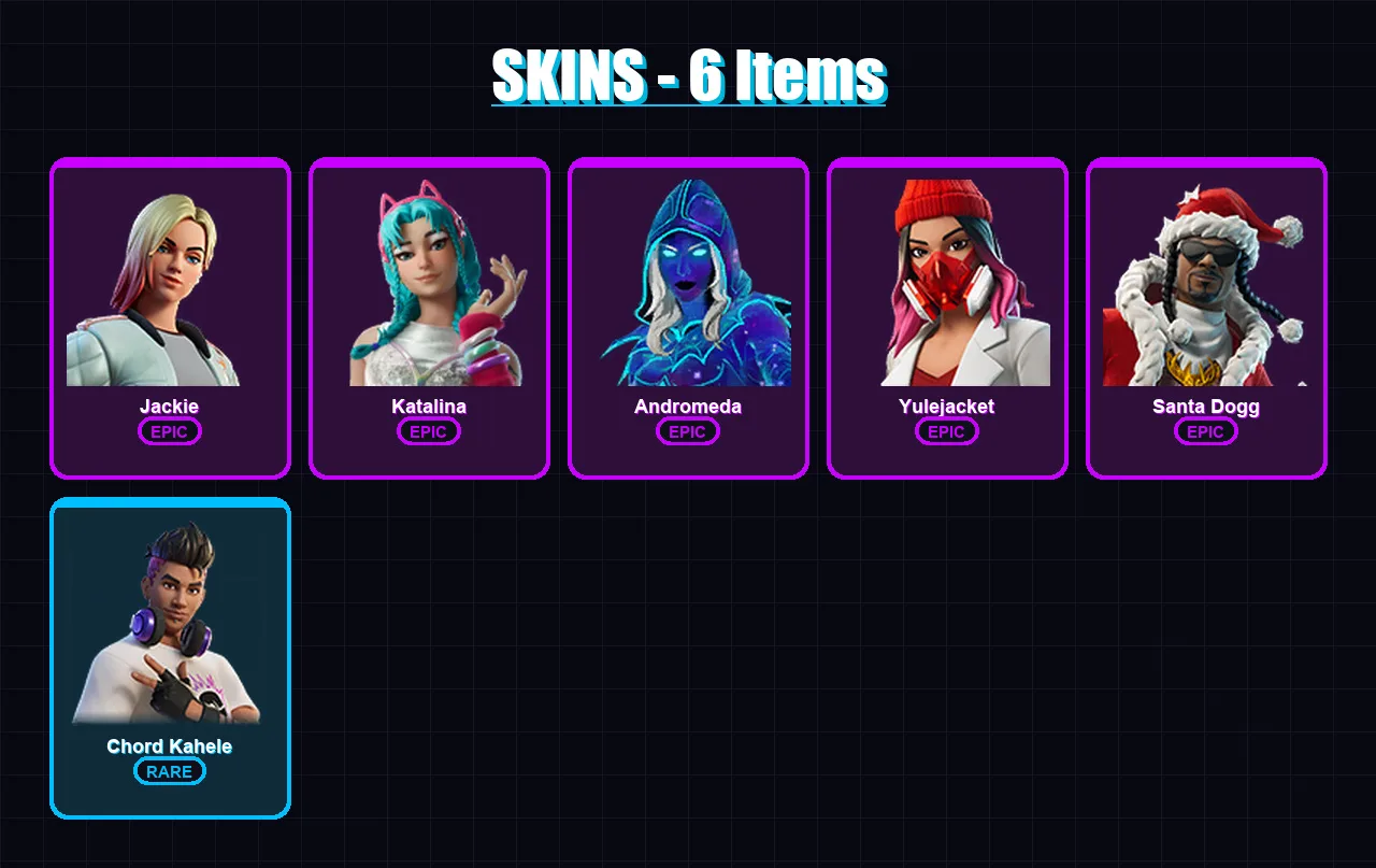 [PC/XBOX/PSN] | Jackie | Katalina | Andromeda | Yulejacket | Santa Dogg | 6 skin | 23 pickaxe | 9 emote | 17 glider | Lv231