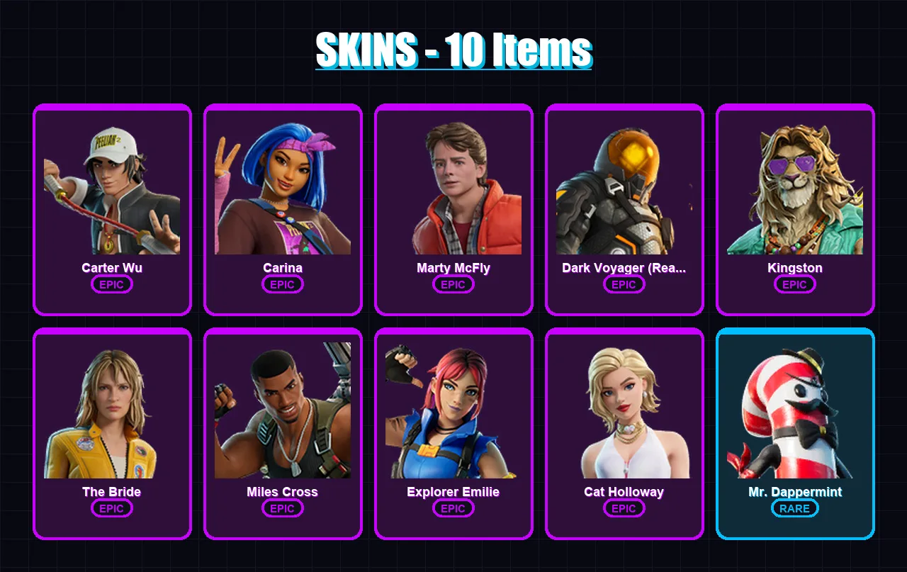 [PC/XBOX/PSN] | Carter Wu | Carina | Marty McFly | Dark Voyager (Reality Redacted) | Kingston | 10 skin | 19 pickaxe | 14 emote | 15 glider | Lv104