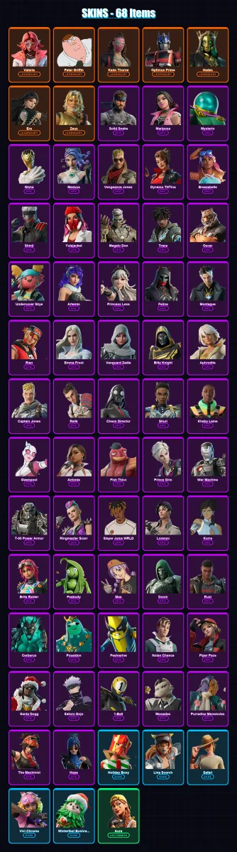 [PC/XBOX] | Valeria | Peter Griffin | Kado Thorne | Optimus Prime | Hades | 68 skin | 134 pickaxe | 83 emote | 85 glider | Lv1310