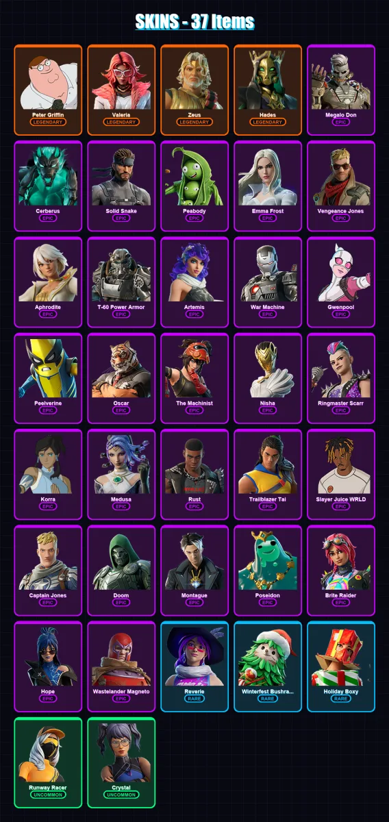 [PC/XBOX/PSN] | Peter Griffin | Valeria | Zeus | Hades | Megalo Don | 37 skin | 58 pickaxe | 41 emote | 48 glider | Lv711 — Fortnite account