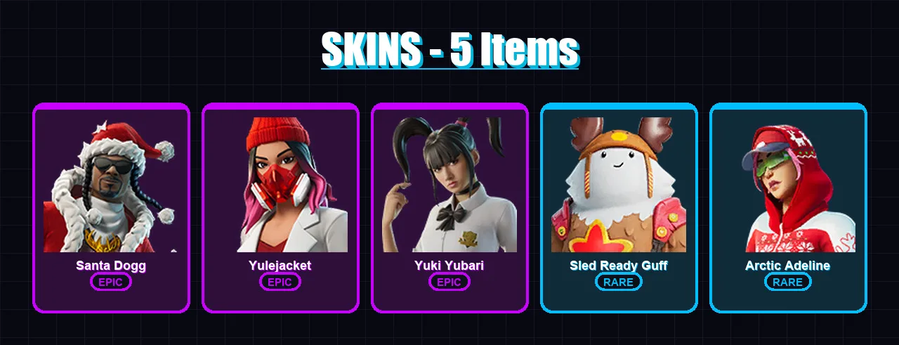 [PC/XBOX] | Santa Dogg | Yulejacket | Yuki Yubari | Sled Ready Guff | Arctic Adeline | 5 skin | 17 pickaxe | 5 emote | 10 glider | Lv113