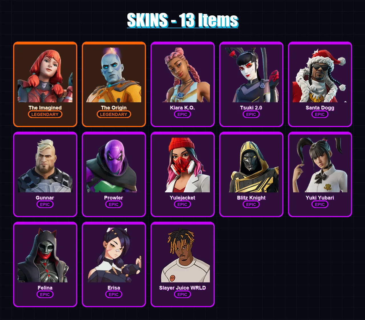 [PC/XBOX/PSN] | The Imagined | The Origin | Kiara K.O. | Tsuki 2.0 | Santa Dogg | 13 skin | 46 pickaxe | 25 emote | 33 glider | Lv427