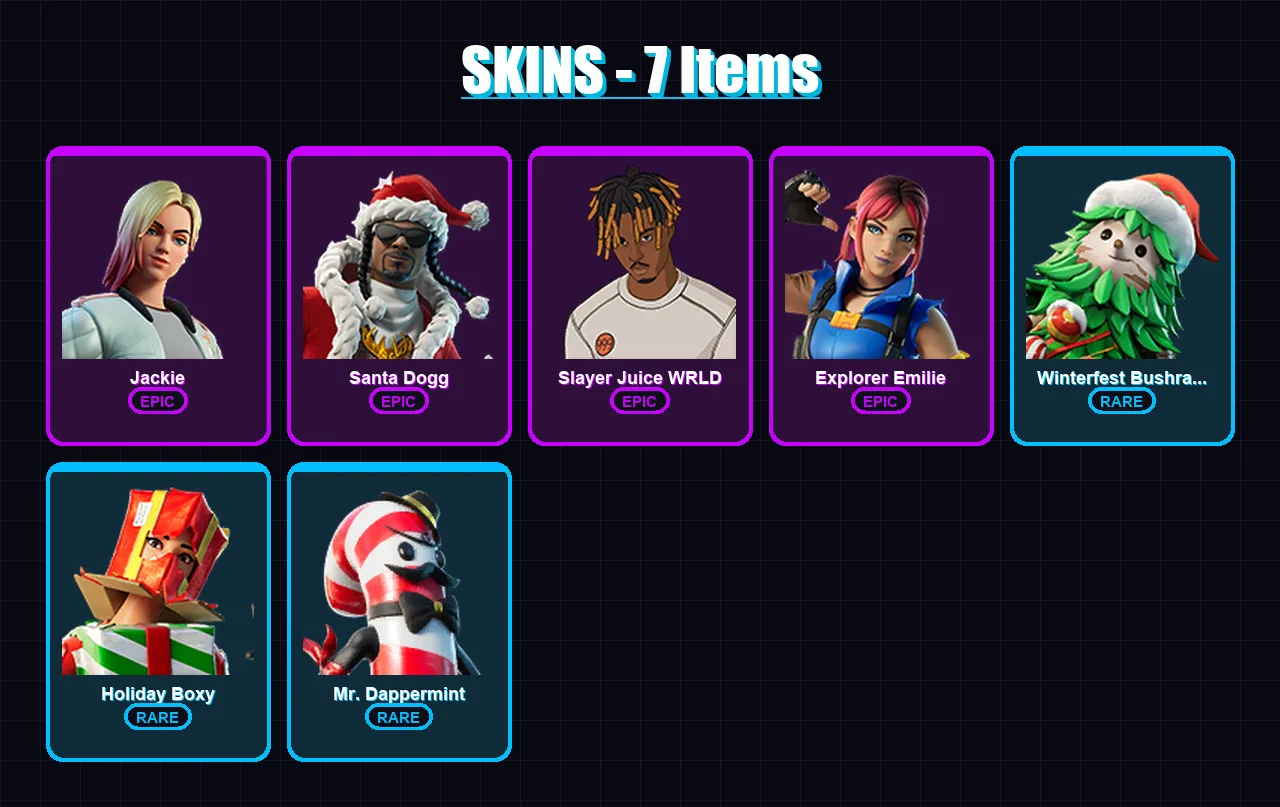 [PC/XBOX] | Jackie | Santa Dogg | Slayer Juice WRLD | Explorer Emilie | Winterfest Bushranger | 7 skin | 18 pickaxe | 7 emote | 13 glider | Lv191