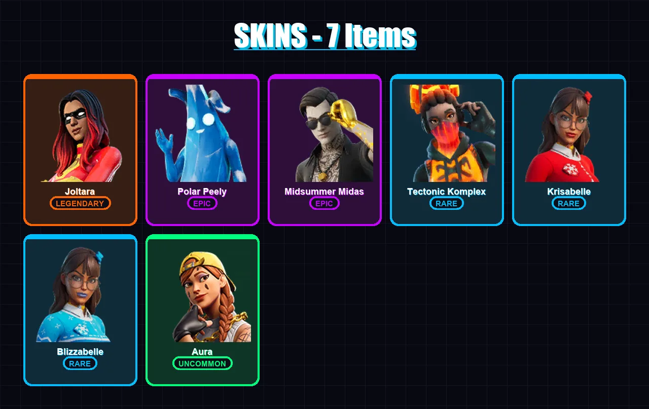 [PC/XBOX] | Joltara | Polar Peely | Midsummer Midas | Tectonic Komplex | Krisabelle | 7 skin | 11 pickaxe | 7 emote | 8 glider | Lv107