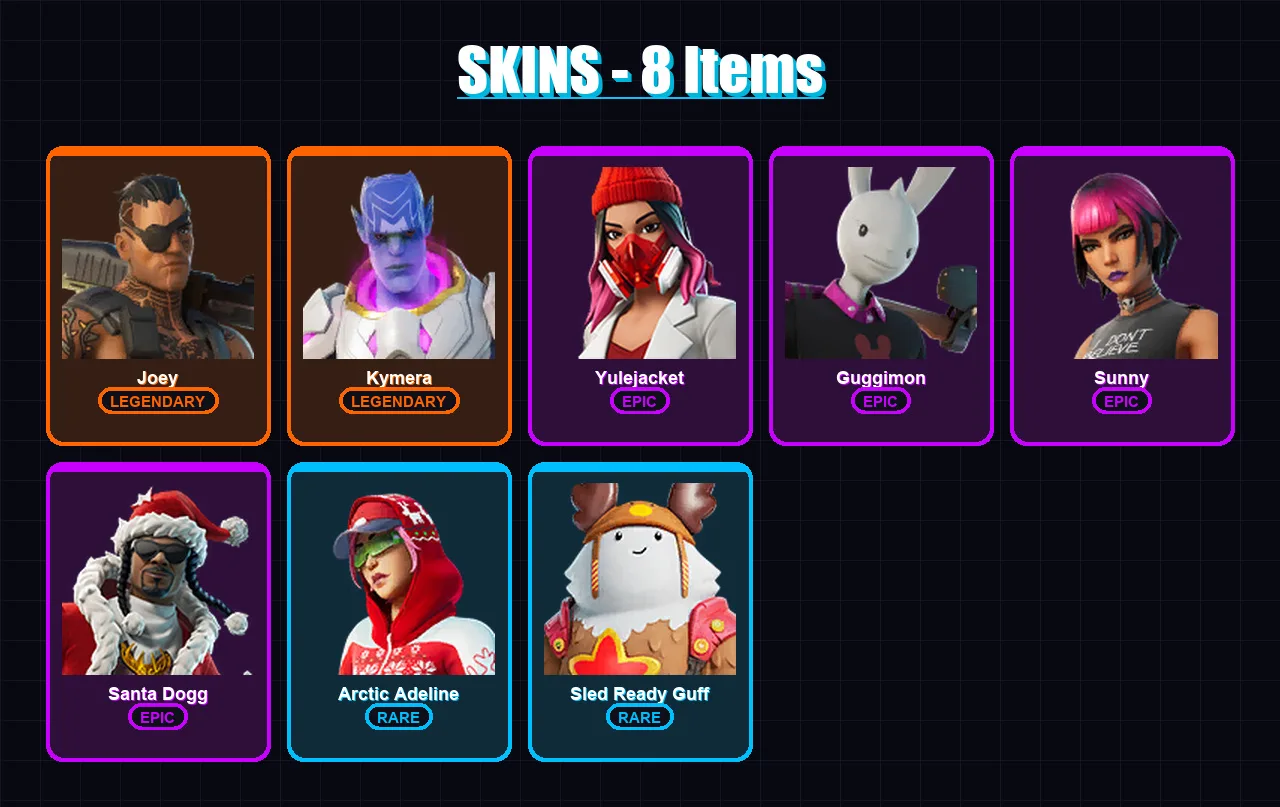 [PC/XBOX/PSN] | Joey | Kymera | Yulejacket | Guggimon | Sunny | 8 skin | 13 pickaxe | 12 emote | 13 glider | Lv132