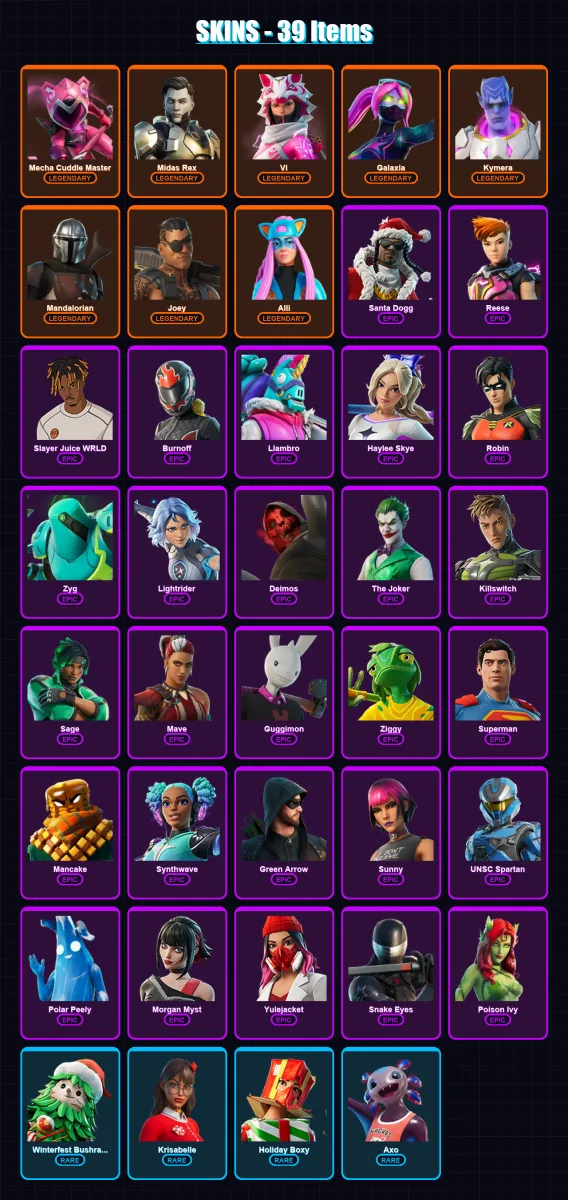 [PS4/PS5/XBOX/PC] | Mecha Cuddle Master | Midas Rex | Vi | Galaxia | Kymera | 39 skin | 81 pickaxe | 49 emote | 54 glider | Lv819