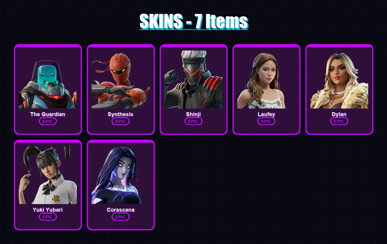 [PC] | The Guardian | Synthesis | Shinji | Laufey | Dylan | 7 skin | 20 pickaxe | 6 emote | 10 glider | Lv123