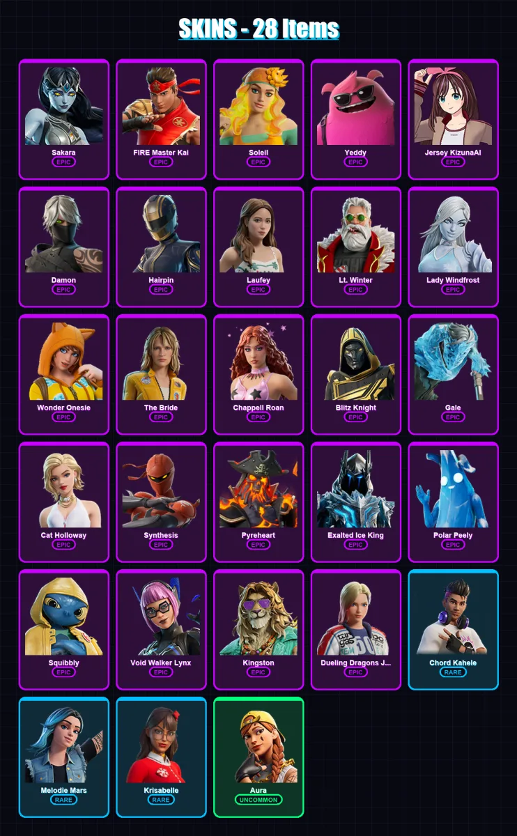[PC/XBOX] | Sakara | FIRE Master Kai | Soleil | Yeddy | Jersey KizunaAI | 28 skin | 56 pickaxe | 28 emote | 27 glider | Lv262